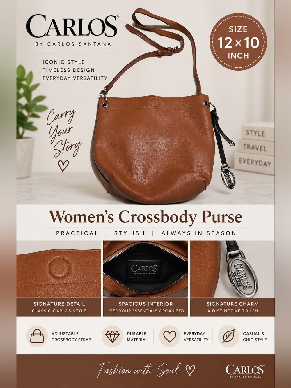 Carlos women's 12x10 inch brown adjustable crossbody purse #18